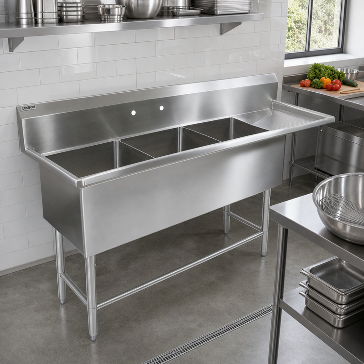 Product image #2 for John Boos Pro-Bowl 3-Compartment Stainless Steel Sink with Right Drainboard, 24" x 24" x 14" Bowls, 106-3/16" Wide