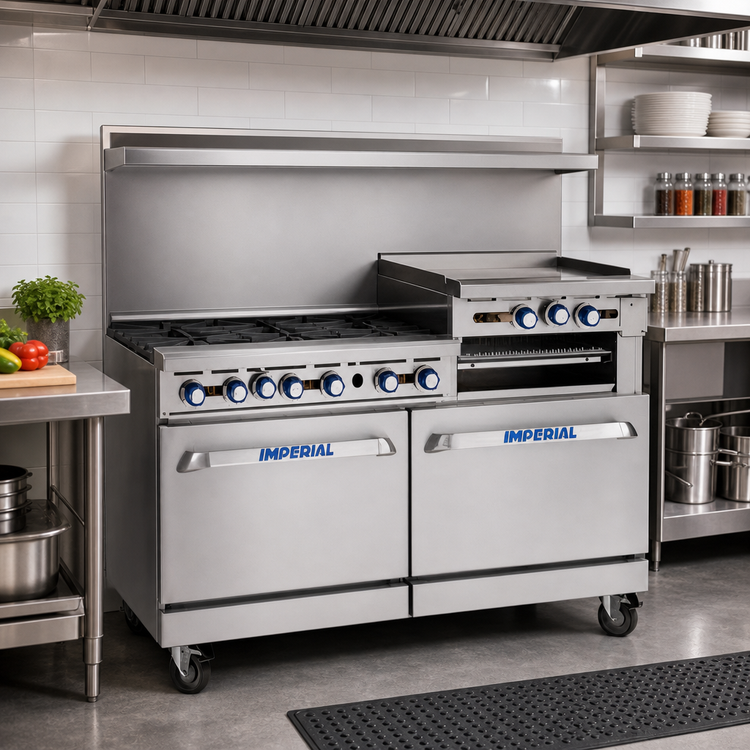 Product image #2 for Imperial Pro Series 60-Inch Gas Restaurant Range with 2 Open Burners, 48-Inch Griddle, Convection Oven, and Open Cabinet Base