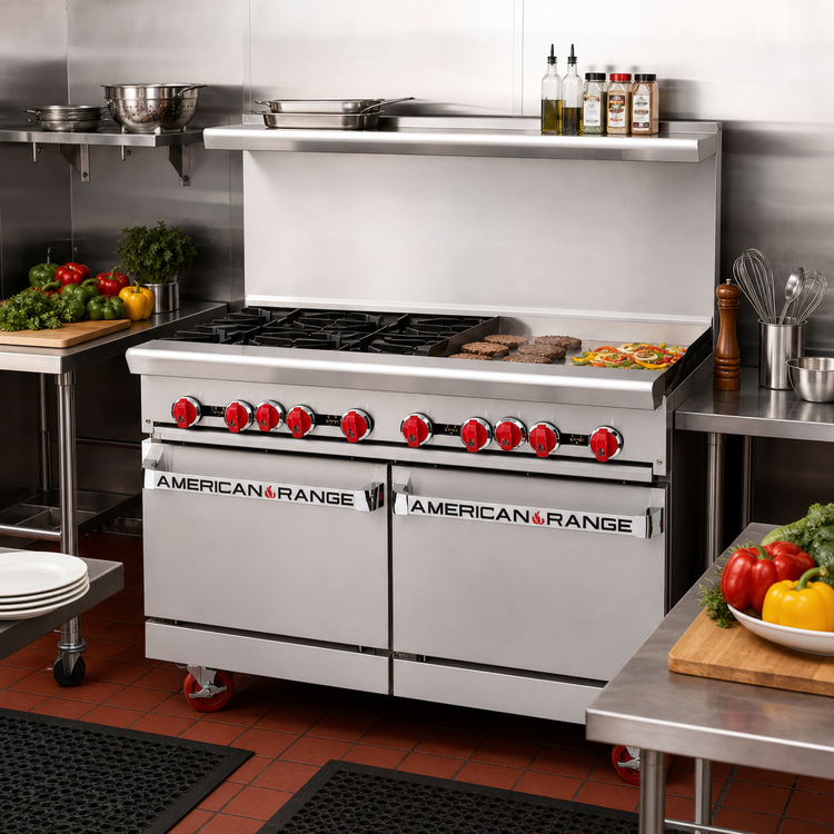Product image #2 for American Range 48-Inch Commercial Gas Range with 48-Inch Griddle, 1-Inch Plate, 2 Storage Bases, and Back Riser Shelf