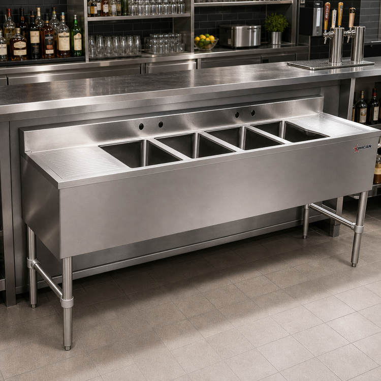 Product image #2 for Omcan 72-Inch Stainless Steel Four-Compartment Under Bar Sink with Dual Drainboards