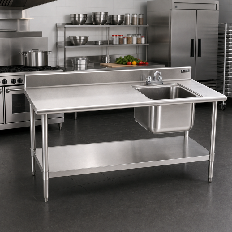 Product image #2 for Eagle Group Deluxe Stainless Steel Sink Work Table, 96" x 30", Right Bowl, 4-1/2" Backsplash