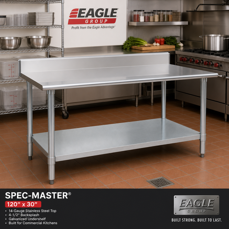 Product image #2 for Eagle Spec-Master 120" x 30" 14-Gauge Stainless Steel Work Table with 4-1/2" Backsplash and Galvanized Undershelf