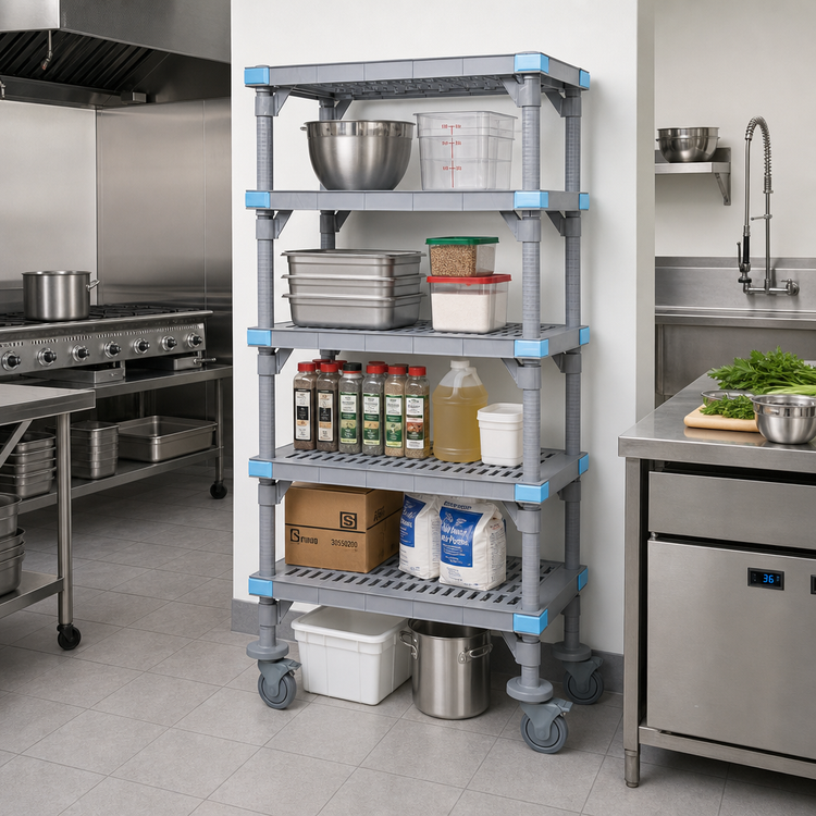Product image #2 for Millenia 5-Shelf Mobile Open Grid Polymer Shelving Starter Unit, 42 x 24 x 62 Inches, Gray