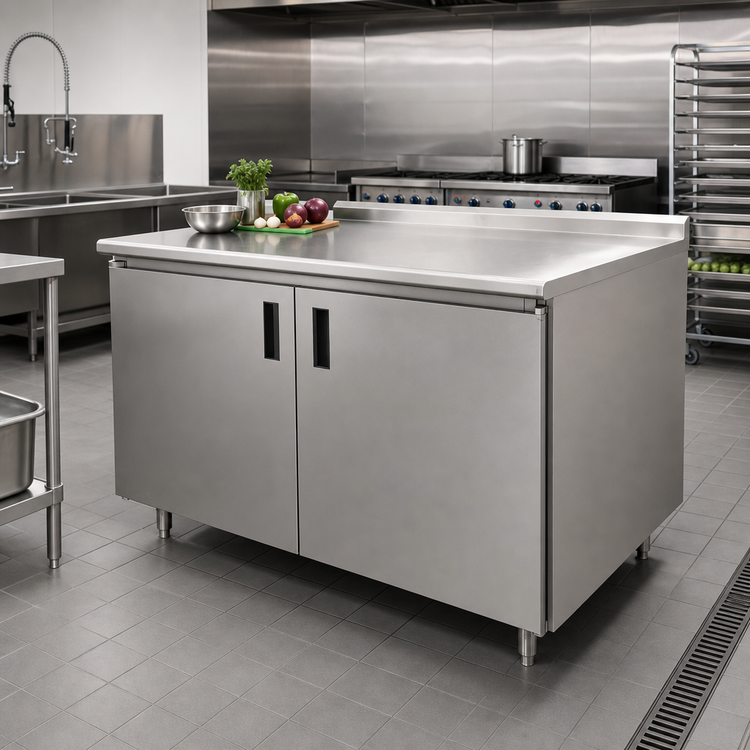 Product image #2 for Advance Tabco Enclosed Work Table with Cabinet Base, 120"W x 30"D, 14 Gauge 304 Stainless Steel Top, 1-1/2" Rear Up-Turn