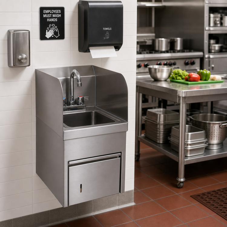 Product image #2 for BK Resources Wall-Mount Hand Sink with Integrated Towel Dispenser, 9" x 9" x 5" Bowl, 4" O.C. Deck Mount Faucet, 304 Stainless Steel