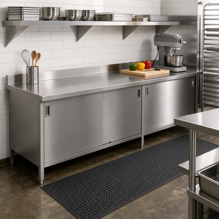Product image #2 for John Boos 16 Gauge 300 Series Stainless Steel Enclosed Base Work Table with Sliding Doors, 144 x 30 Inch, 5 Inch Backsplash