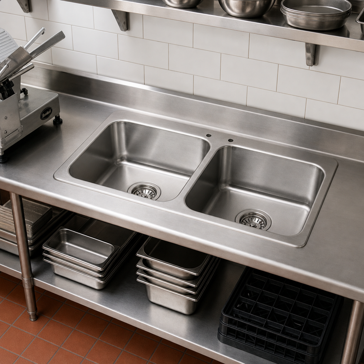 Product image #2 for BK Resources Two-Compartment Drop-In Sink with Basket Drains, 45-1/4 Inch W x 21 Inch D x 12 Inch H