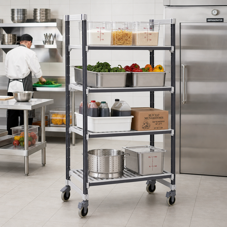 Product image #2 for Cambro Camshelving Elements XTRA 4-Tier Mobile Starter Shelving Unit, 24-Inch Deep x 60-Inch Wide x 78-1/4-Inch High, Speckled Gray
