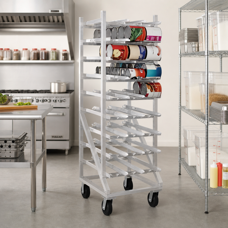 Product image #2 for New Age Mobile Aluminum Can Storage Rack with Casters, 352 #2-1/2 or 484 #303 Can Capacity