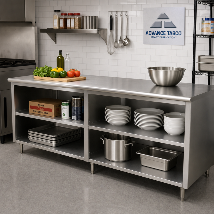Product image #2 for Advance Tabco Special Value Economy Flat Top Open Base Work Table with Mid-Shelf, 108"W x 30"D, 16 Gauge 304 Stainless Steel Top