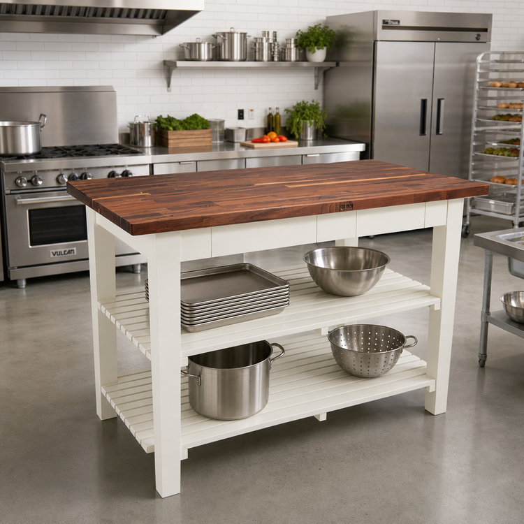 Product image #3 for John Boos 60" x 30" Blended American Black Walnut Wood Top Work Table with Painted Base and 2 Slatted Undershelves