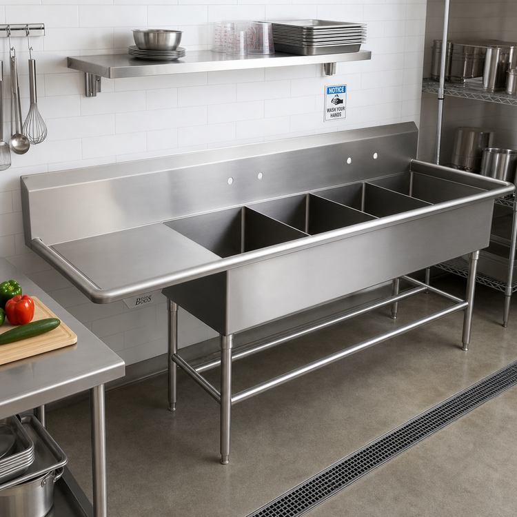 Product image #2 for John Boos Pro-Bowl 4-Compartment Sink with Left Drainboard, 20 x 20 x 14-Inch Bowls, 14-Gauge Stainless Steel