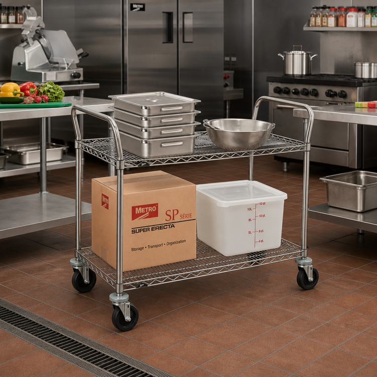 Product image #2 for Metro Super Erecta SP Heavy Duty 2-Shelf Utility Bus Cart with Wire Shelves, 48 x 24 x 39 Inch, Brite Zinc Finish