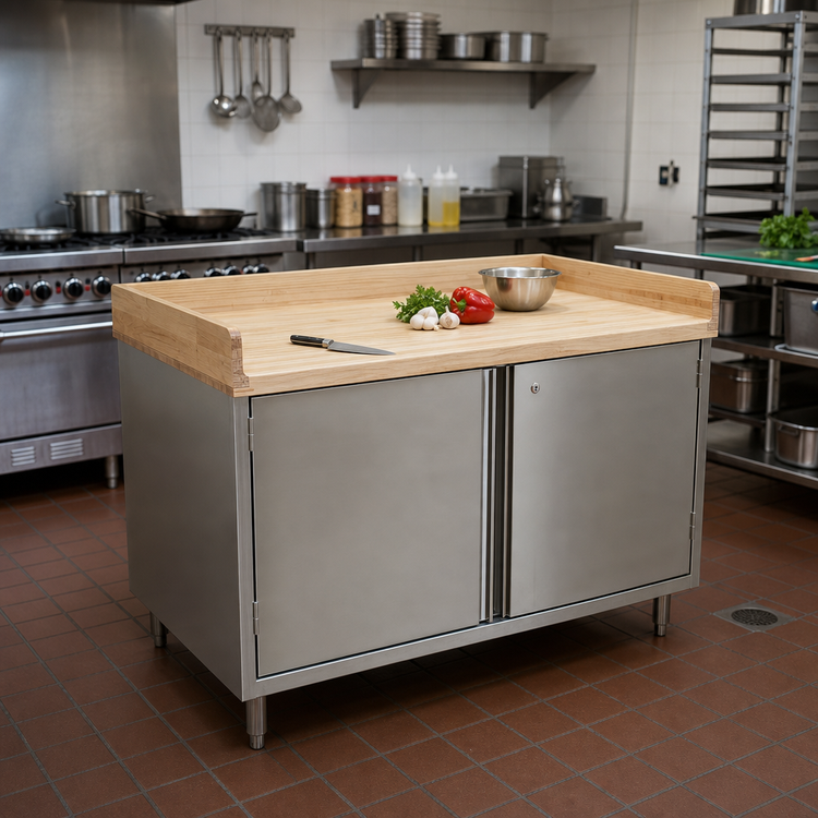 Product image #2 for BK Resources 60" x 30" Chef Table with 1-3/4" Hard Maple Top, Cabinet Base and Locking Hinged Doors