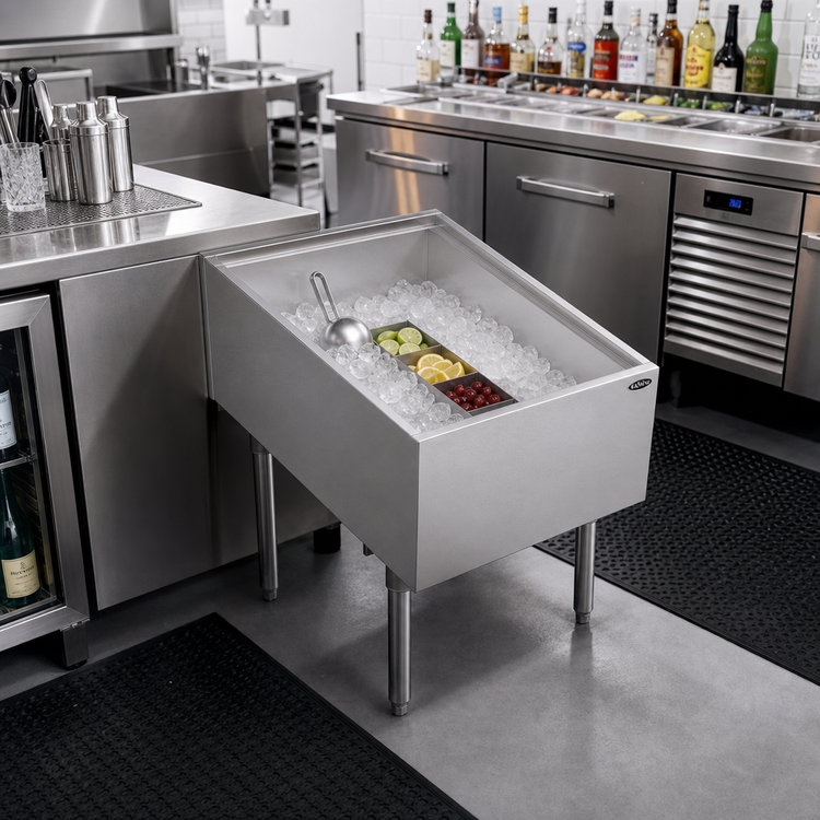 Product image #2 for Krowne Royal Series Pass-Thru Underbar Ice Bin/Cocktail Station with 10-Circuit Cold Plate, 24"W x 35"D