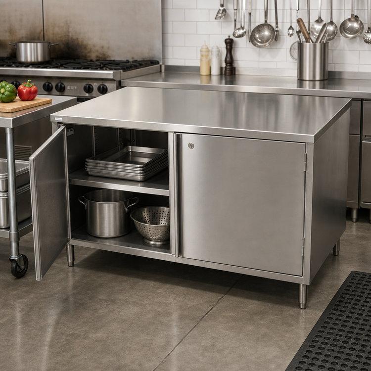 Product image #2 for BK Resources Dual-Access Stainless Steel Chef Table Cabinet Base with Locking Hinged Doors, 48 x 36 x 34-3/4 Inches