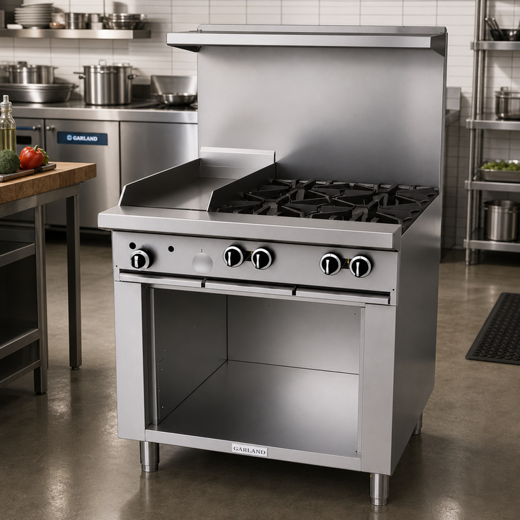 Product image #2 for Garland G Starfire Pro G36-4G12S 36-Inch Gas Restaurant Range with 4 Open Burners, 12-Inch Griddle, and Storage Base