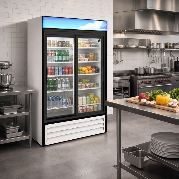Product image #2 for Hoshizaki Two-Section Reach-In Refrigerated Glass Door Merchandiser, 38.26 Cu. Ft., Bottom Mount, Sliding Doors, White