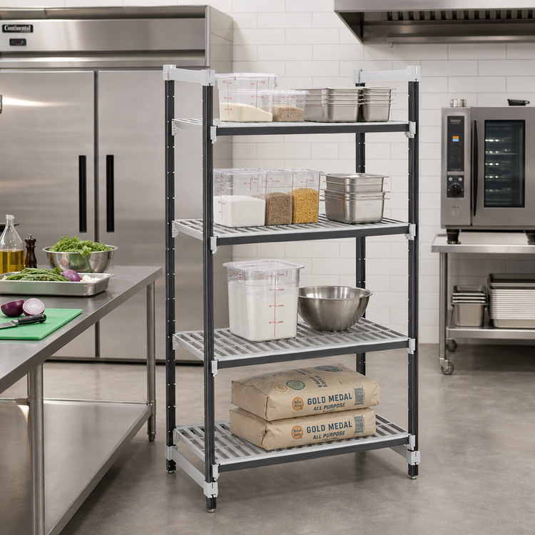 Product image #2 for Cambro Camshelving Elements XTRA 4-Shelf Stationary Starter Polymer Shelving Unit, 24 x 21 x 84 Inches, Vented, Speckled Gray
