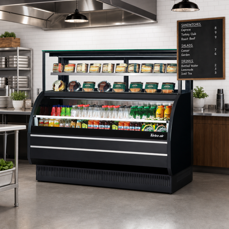 Product image #2 for Turbo Air Open Display Merchandiser Combination Case with Refrigerated Top Shelf, 62-5/8 Inch Wide, Self-Contained, R-290, Black