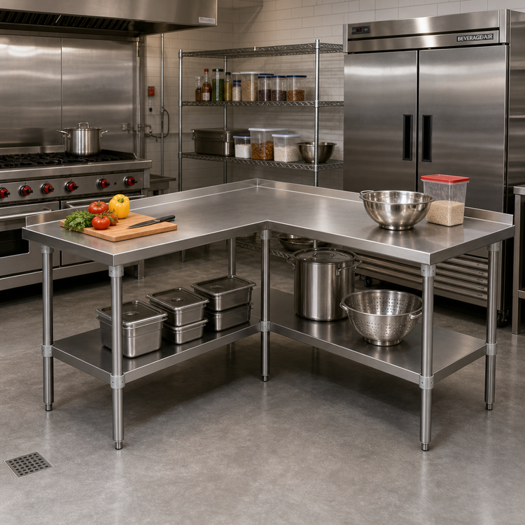 Product image #2 for John Boos L-Shaped Stainless Steel Corner Work Table with Adjustable Undershelf and Rear Up-Turn