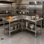 Thumbnail image #2 for John Boos ST4R1.5-L3060SSK L-Shaped Stainless Steel Corner Work Table, 14-Gauge 300 Series Top, Adjustable Undershelf, 1-1/2-Inch Rear Up-Turn