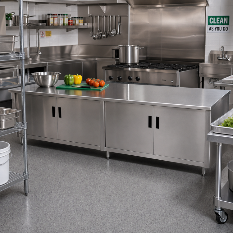 Product image #2 for Advance Tabco Enclosed Work Table with Cabinet Base and Hinged Doors, 84 x 24 Inches, 14 Gauge 304 Stainless Steel Top