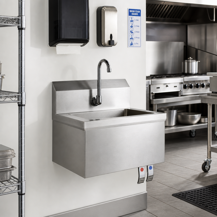 Product image #1 for Wall-Mounted 18-Gauge 304 Stainless Steel Hand Wash Sink with Knee Valve Assembly and Gooseneck Faucet
