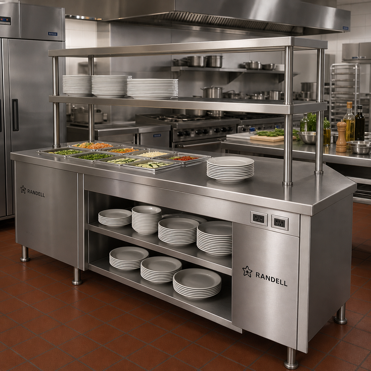 Product image #2 for Randell Modular Chef Service Counter Right Section with Plate Storage Cabinet, Double Overshelf, and Prewired 120V/208V Receptacles, 82-1/2 Inch