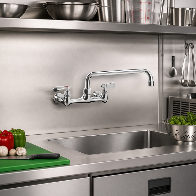 Product image #2 for Steel Works Stainless Wall-Mount Commercial Faucet with 12-Inch Swing/Swivel Spout, 8-Inch Centers