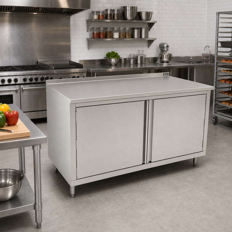 Product image #2 for John Boos 72" W x 36" D Enclosed Work Table with Cabinet Base, Hinged Doors, and 1-1/2" Rear Riser