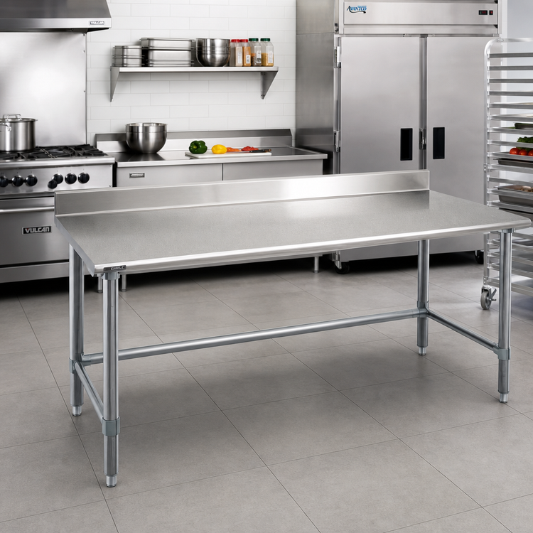 Product image #2 for Eagle Group Budget Series 120-Inch x 36-Inch 430 Stainless Steel Work Table with 4-1/2-Inch Backsplash and Galvanized Tubular Base