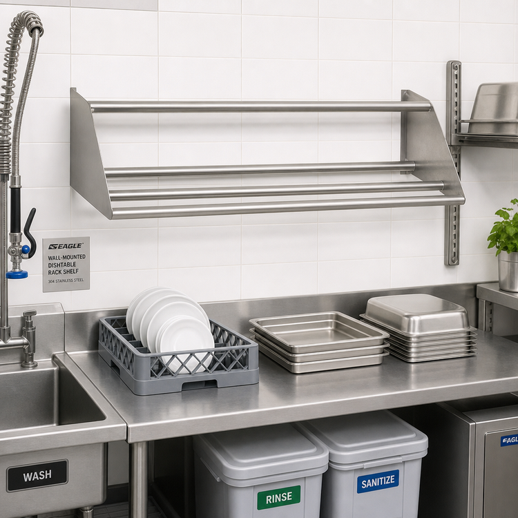 Product image #2 for Eagle Group Wall-Mounted Tubular Dishtable Rack Shelf, 42 x 15.5 x 12 Inches, All-Welded 304 Stainless Steel