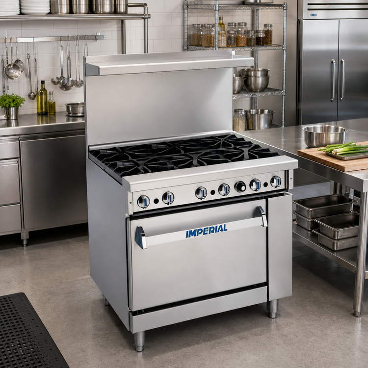 Product image #2 for Imperial Pro Series 36-Inch Gas Restaurant Range with 6 Open Burners, Cabinet Base, and Backriser with Hi-Shelf