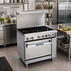 Thumbnail image #2 for Imperial (Middleby) Pro Series IR-6-XB 36-Inch Gas Restaurant Range with 6 Open Burners, Open Cabinet Base & Backriser with Hi-Shelf