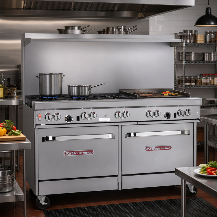 Product image #2 for Ultimate 60-Inch Gas Restaurant Range with 5 Open Burners, 24-Inch Griddle, Standard Oven and Cabinet Base