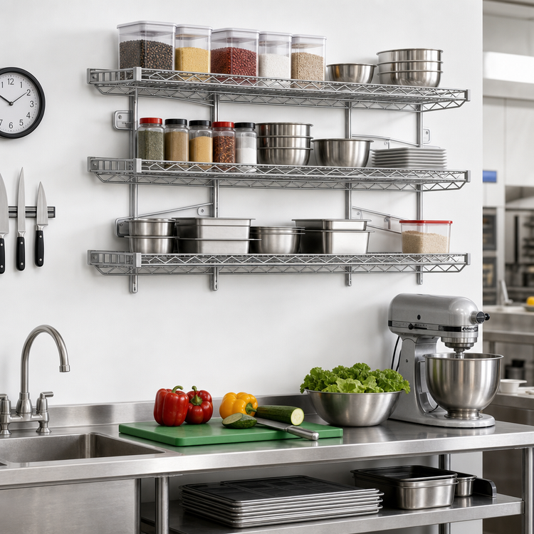 Product image #2 for Quad-Truss 3-Tier Piggyback Wall-Mounted Wire Shelf Kit, 36W x 18D, Chrome