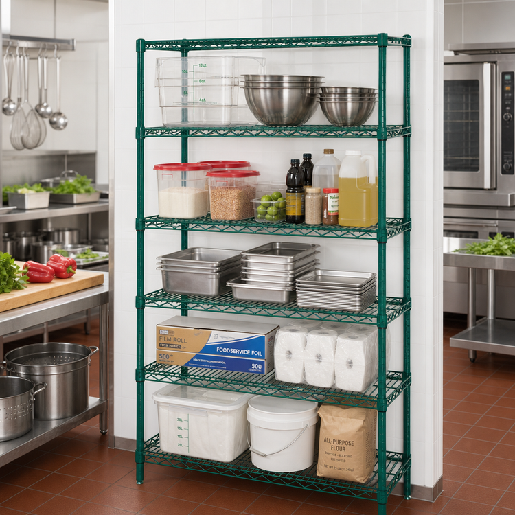 Product image #2 for Quantum 5-Shelf Wire Shelving Starter Kit, 54W x 14D x 74H, Green Epoxy Antimicrobial Finish