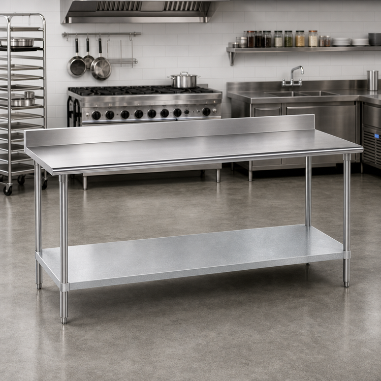 Product image #2 for Advance Tabco Premium Series 144-Inch x 30-Inch 304 Stainless Steel Work Table with 5-Inch Backsplash and Galvanized Undershelf