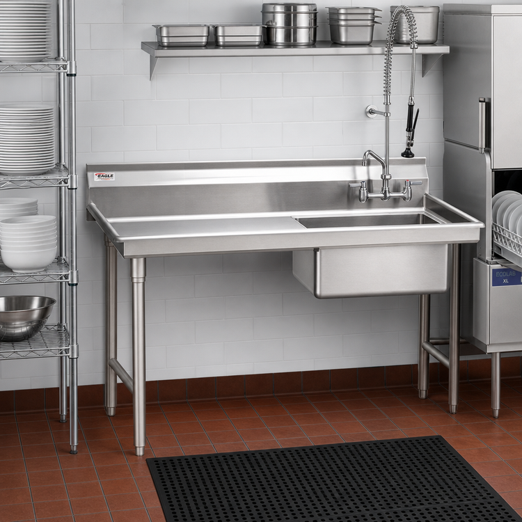Product image #2 for Eagle Group Straight Soiled Dishtable with 20 x 20 x 5 Inch Pre-Rinse Sink, 60 x 30 x 43-1/2 Inch, Left-to-Right, 16/430 Stainless Steel Top