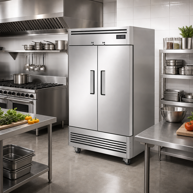 Product image #2 for Hurakan by Equip.me 2-Door Two-Section Reach-In Refrigerator, Stainless Steel, Self-Contained Bottom Mount