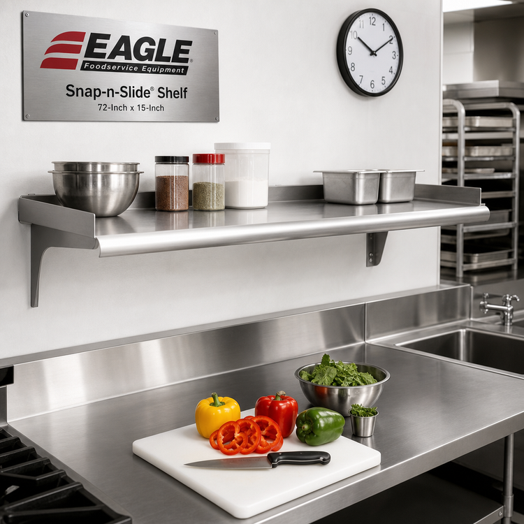 Product image #2 for Eagle Snap-n-Slide 72-Inch x 15-Inch Wall-Mounted Stainless Steel Shelf, Rolled Front Edge