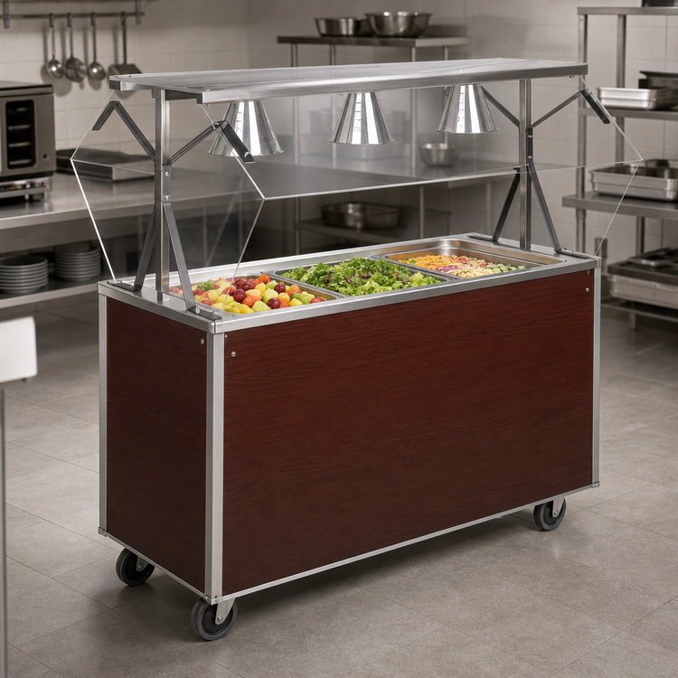 Product image #2 for Vollrath 2-Series Affordable Portable 3-Pan 46-Inch Non-Refrigerated Cold Food Station with Buffet Breath Guard, Lights, and Cherry Woodgrain Storage Base