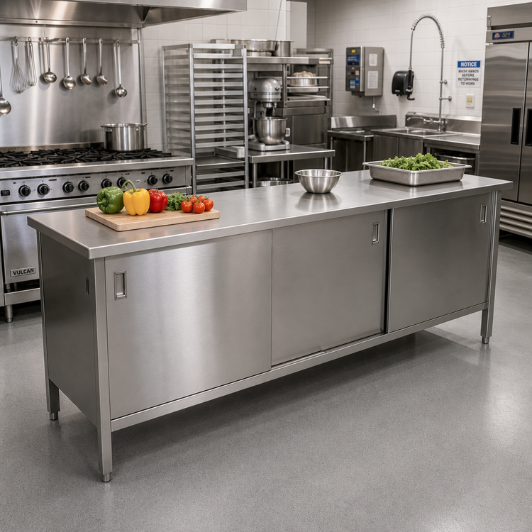 Product image #2 for John Boos Stainless Steel Enclosed Work Table with Sliding Doors, 108 x 30 Inches, 16-Gauge 300 Series Flat Top