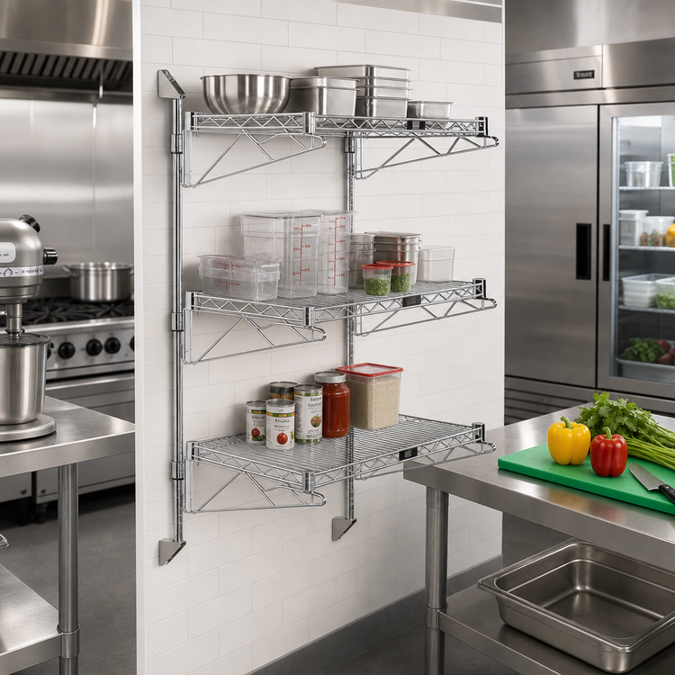 Product image #2 for Quantum Wall-Mount Cantilever Starter Shelving Kit with 3 Wire Shelves, Chrome Plated Finish