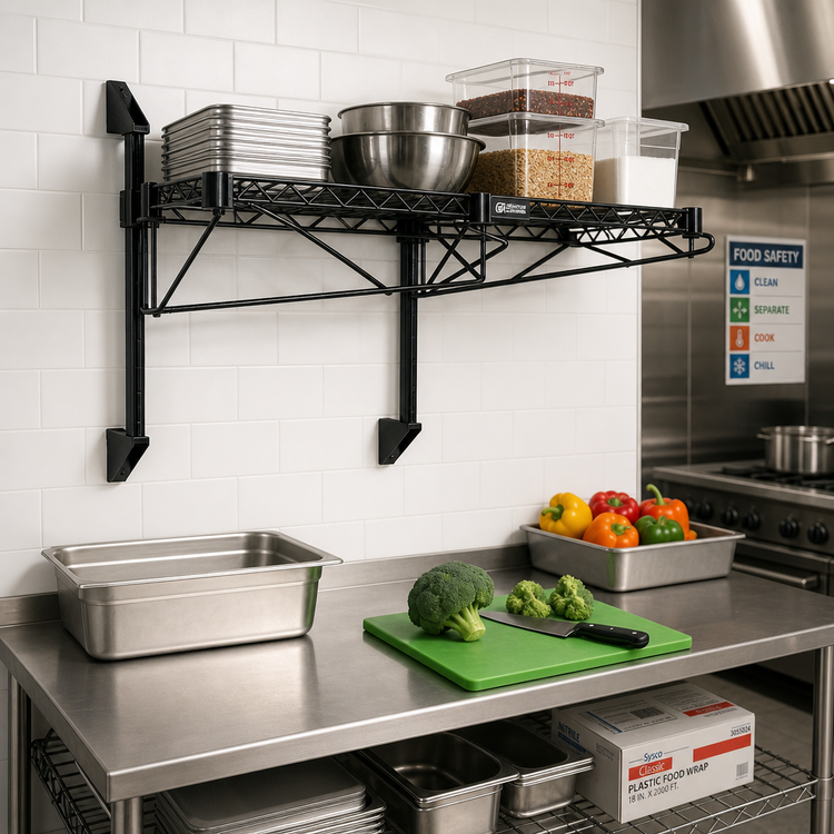 Product image #2 for Quantum Cantilever Single Shelf Wall-Mount Wire Shelving Kit, 30" x 18", Black Epoxy Antimicrobial Finish