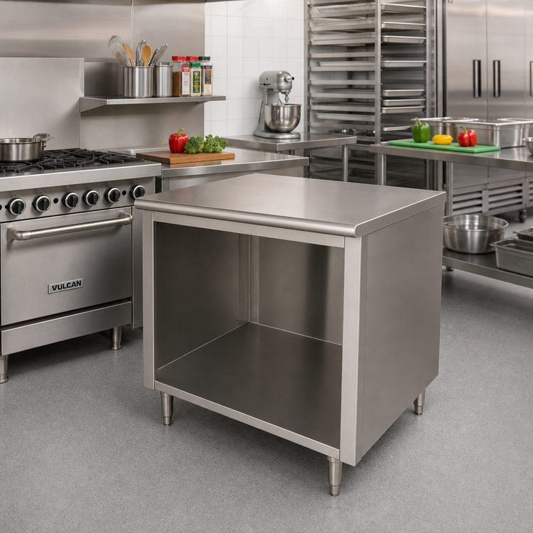 Product image #2 for Advance Tabco 36-Inch x 36-Inch Stainless Steel Work Table with Open Front Cabinet Base