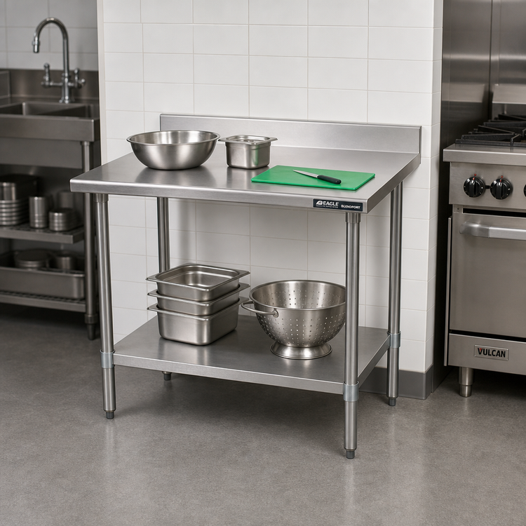 Product image #2 for Eagle Group BlendPort® Budget Series Corner Work Table with 430 Stainless Steel Top, 4-1/2-Inch Backsplash, and Adjustable Undershelf, 30 x 24 Inches