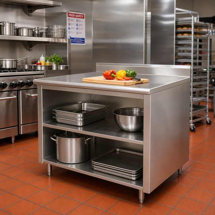 Product image #2 for Advance Tabco EK-SS-244M 48" W x 24" D 14 Gauge 304 Stainless Steel Open Front Cabinet Work Table with 5" Backsplash and Mid Shelf