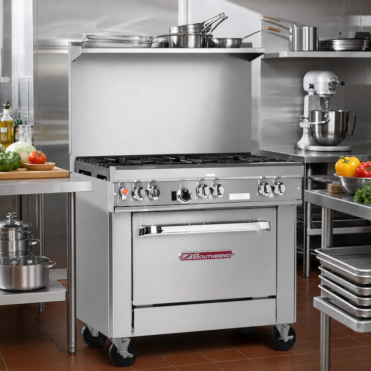 Product image #2 for Southbend Ultimate 36-Inch Gas Restaurant Range with 6 Non-Clog Burners, Cabinet Base, and Backriser Shelf